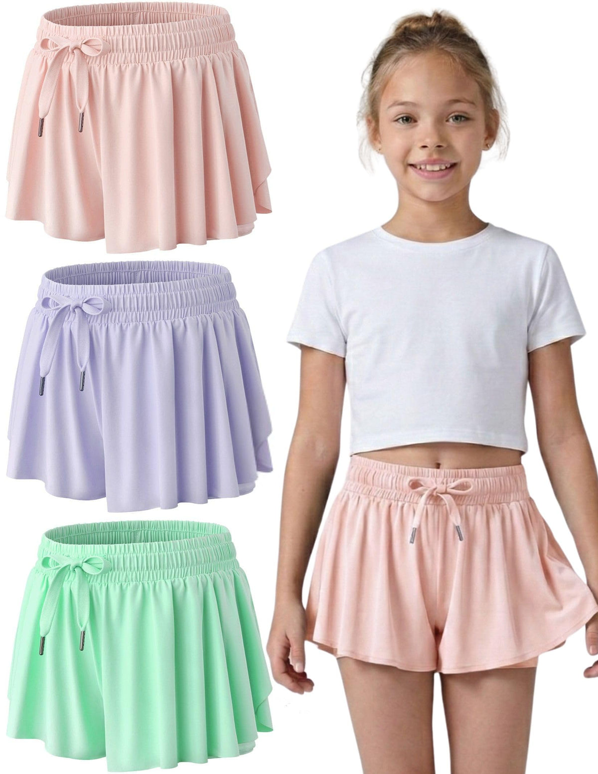 1 or 3 Pack Youth Girls Flowy Shorts with Spandex Liner & Pockets