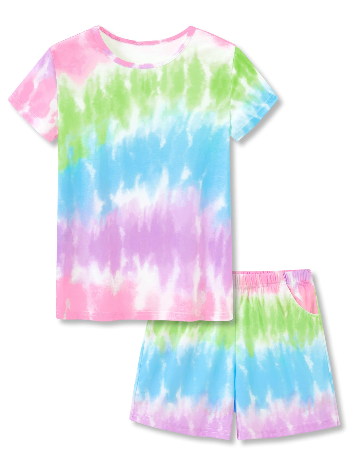 Beezizac Girls Pajamas Neon Tie Dye Spiral Capybara Smiling Face Print T-shirt & Shorts 2-Piece Soft PJ Set Size 6-18