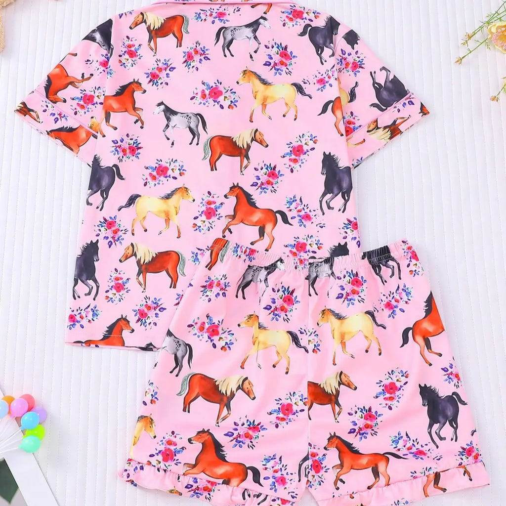 Girl's Horse And Floral Print Top & Shorts Pajama, Casual Comfy Cute Short Sleeve Top & Shorts Set, Kids Sleepwear for Summer Summer Pjs, Pj Sets