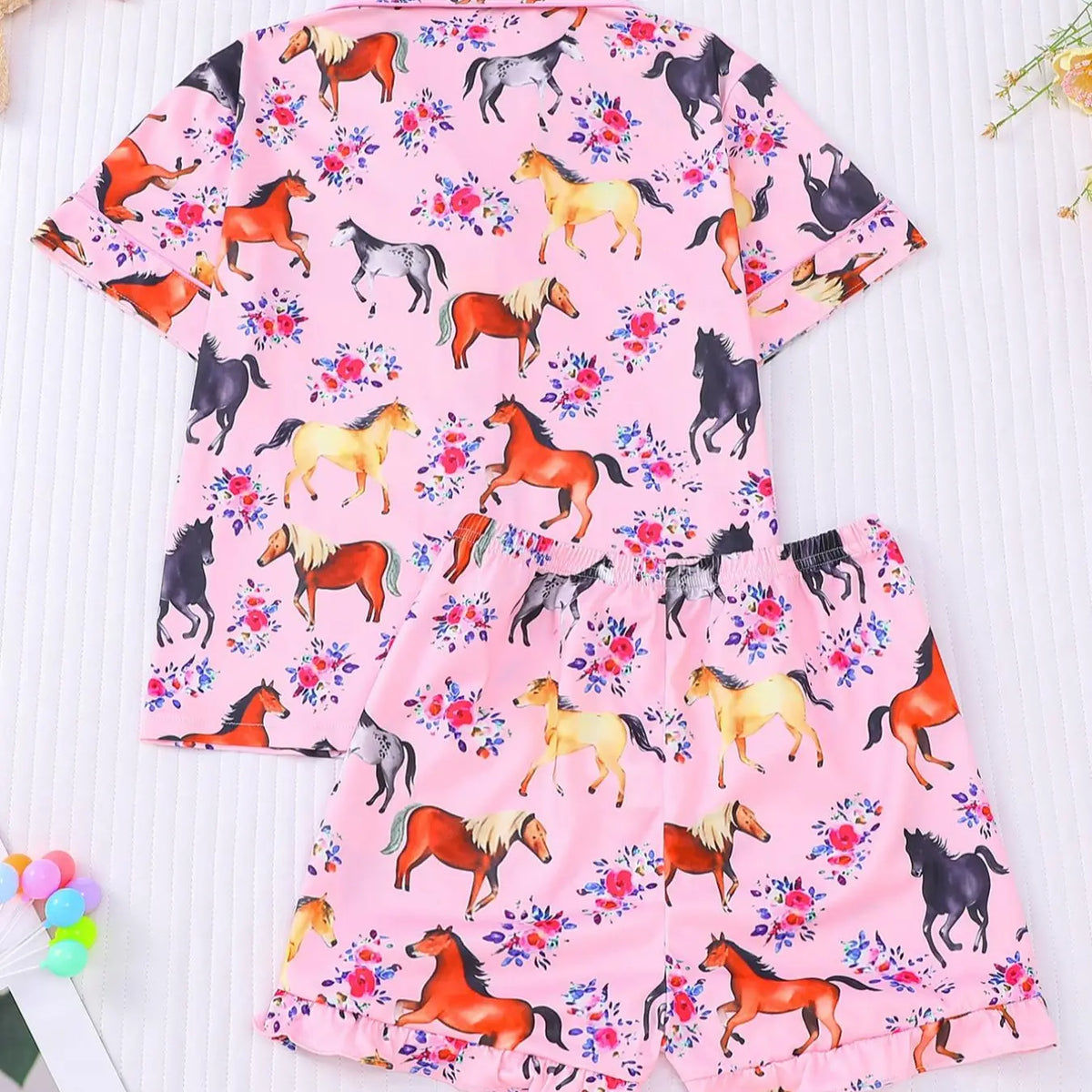 Girl's Horse And Floral Print Top & Shorts Pajama, Casual Comfy Cute Short Sleeve Top & Shorts Set, Kids Sleepwear for Summer Summer Pjs, Pj Sets