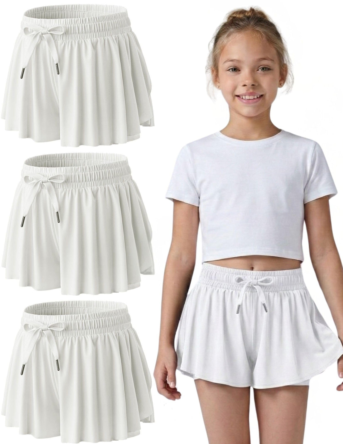 1 or 3 Pack Youth Girls Flowy Shorts with Spandex Liner & Pockets