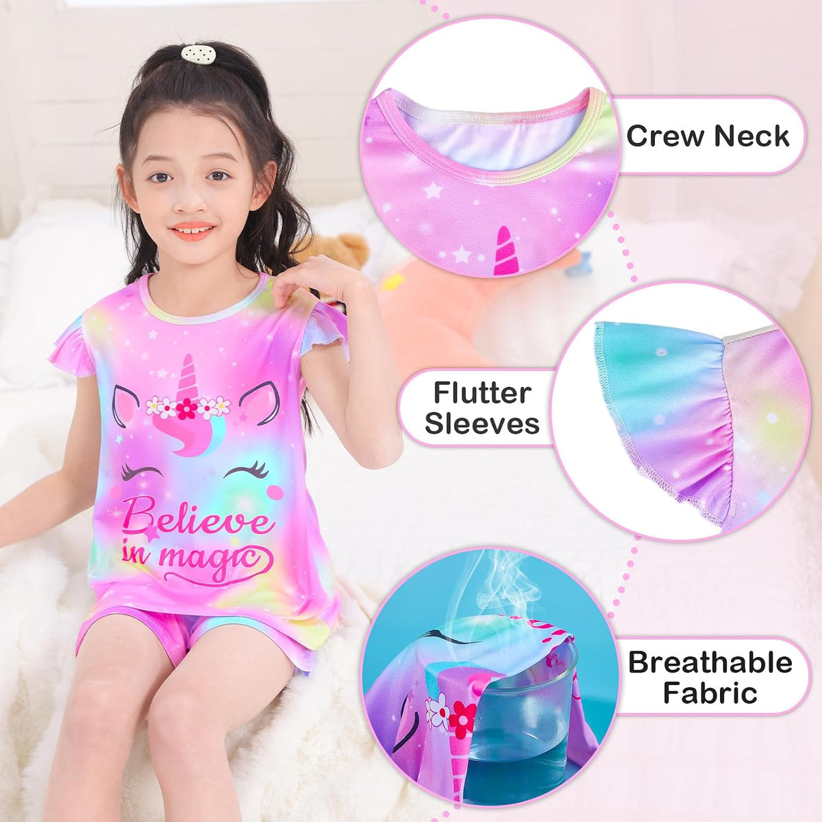 MHJY Girls 2-Piece Pajama Set Flutter Sleeve Breathable Sleepwear for Kids