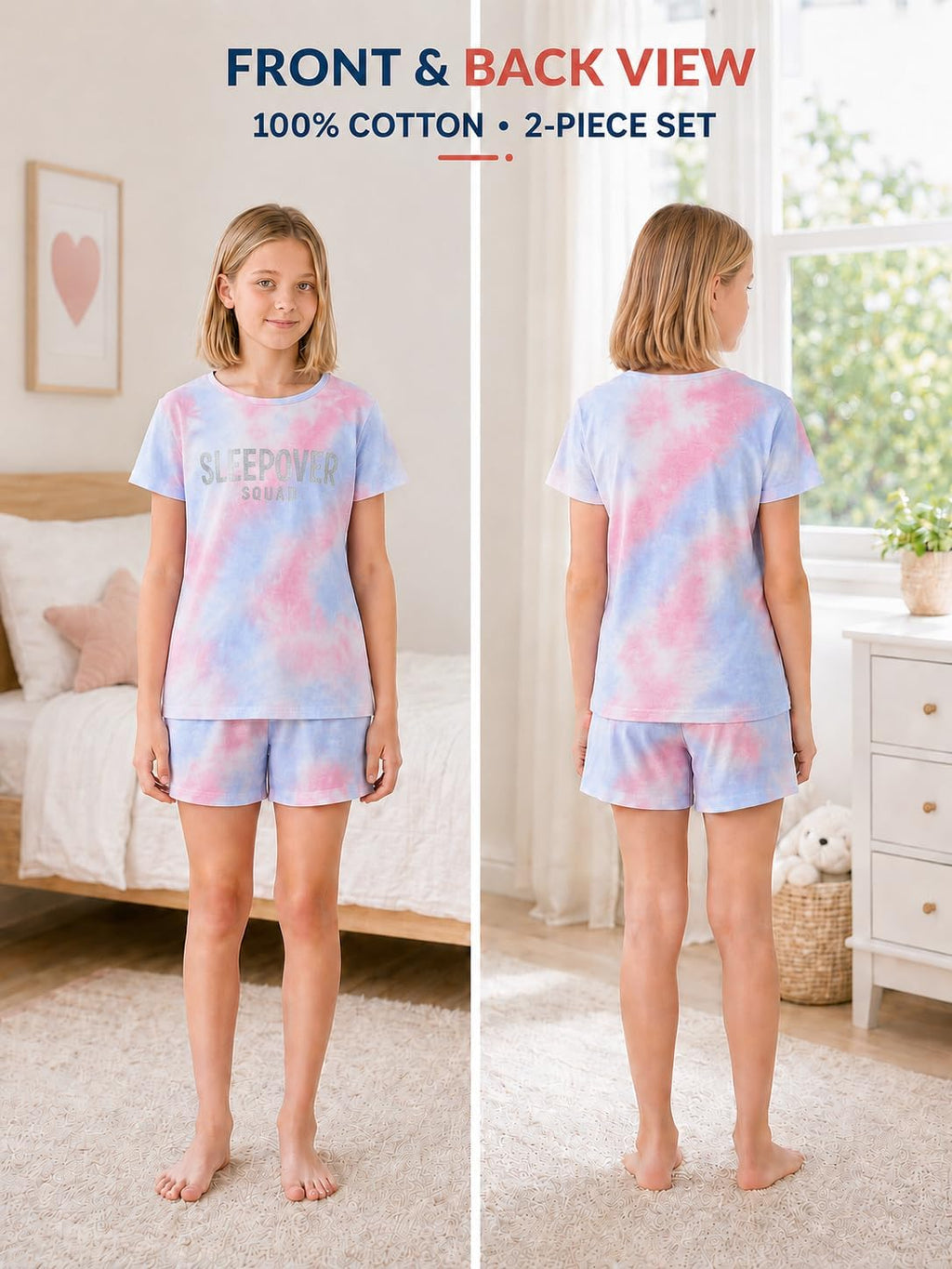 Beezizac Girls' Tie Dye Pajamas, 100% Cotton Sleepover Theme, Size 4T-18