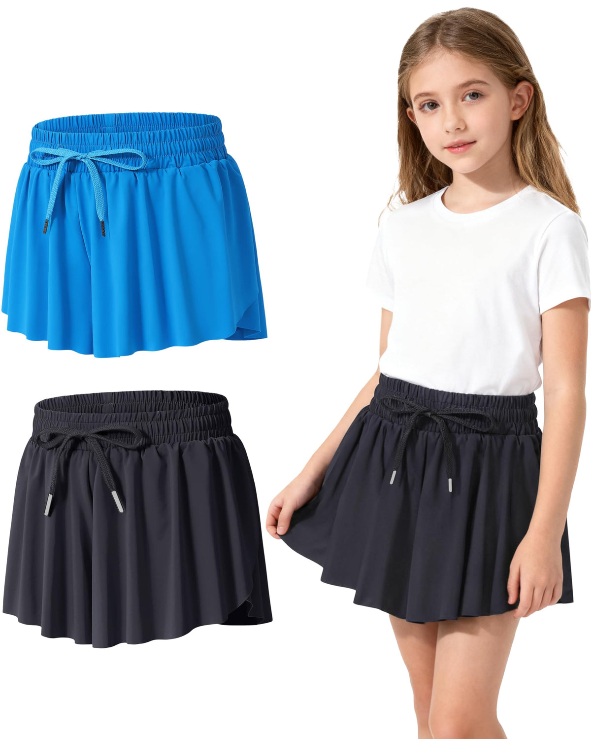2-3 Pack Girls Flowy Butterfly Shorts with Pockets Liner 2 in 1 Skirt for Fitness, Athletic Running Sports
