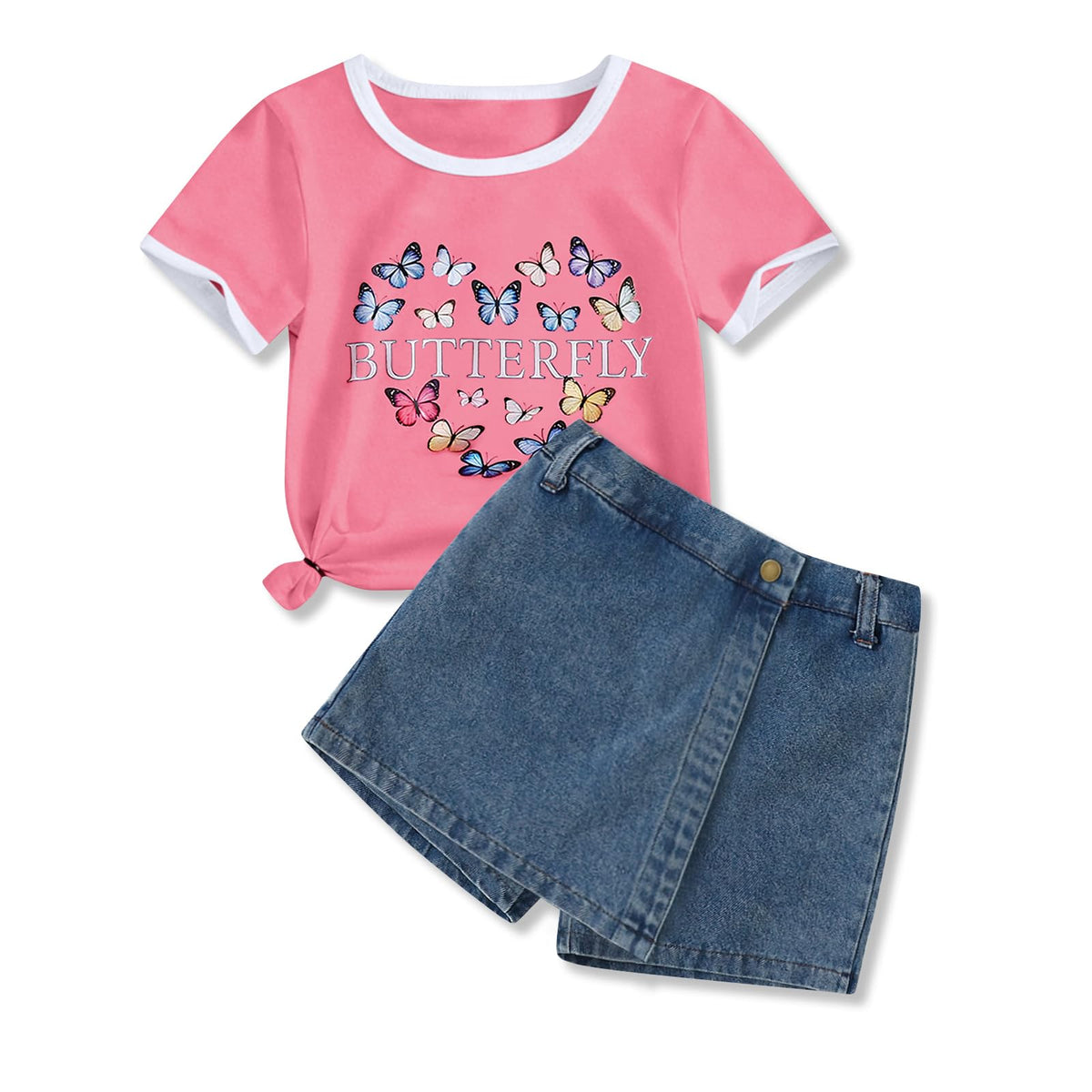 Girls Summer Clothes Butterfly Print Short Sleeve Tops and Denim Skirt Shorts Set Cute Outfits for Kids Girls 5-12Y