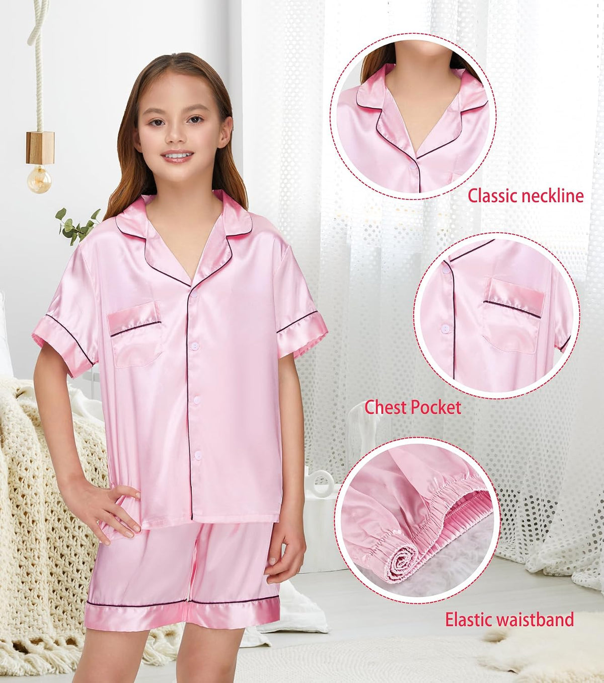 Kids Silk Pajamas Girls Satin Pajama Set Button Down Pjs Set 5-12Y
