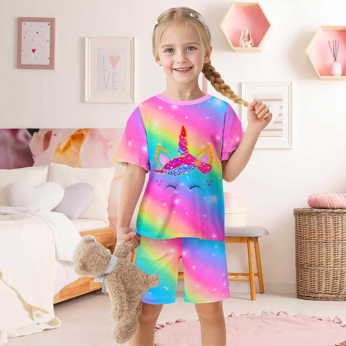 Girls Pajamas Tie Dye Mermaid Unicorn Summer Pjs Short Sleeve 2 Piece Sleepwear Toddler Girls Kids Nightwear 3T-10
