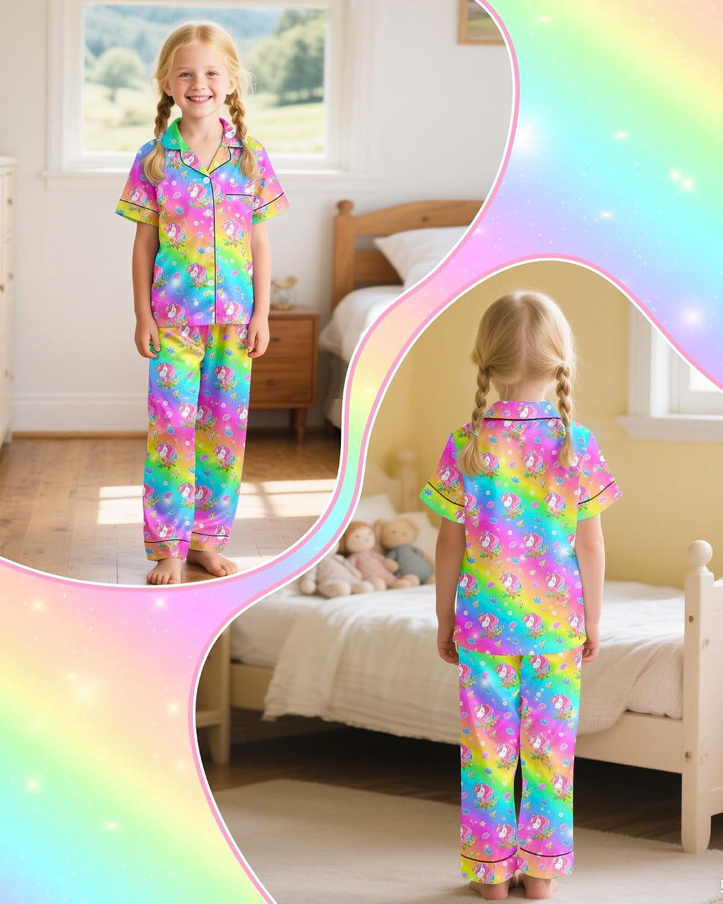 Girls Pajamas Silky Short Sleeve Long Pants Cute Jammies Satin Sleepwear Pjs Set for Toddler Kids 3T-10Y