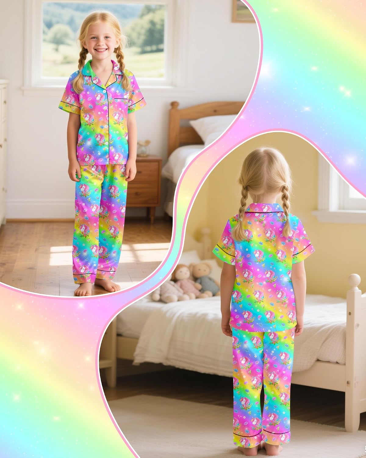 Girls Pajamas Silky Short Sleeve Long Pants Cute Jammies Satin Sleepwear Pjs Set for Toddler Kids 3T-10Y