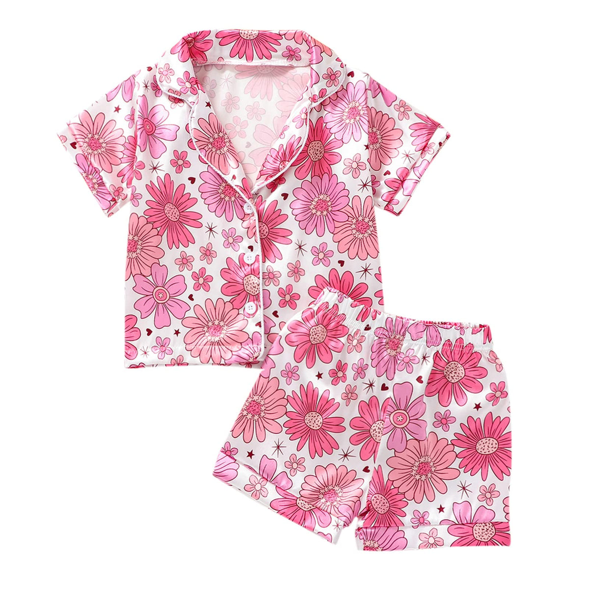 1-6Y Toddler Girls Floral Silk Pajamas Short Sleeve Button-Up Top Shorts Summer 2PC Flowers Satin Pajamas Set