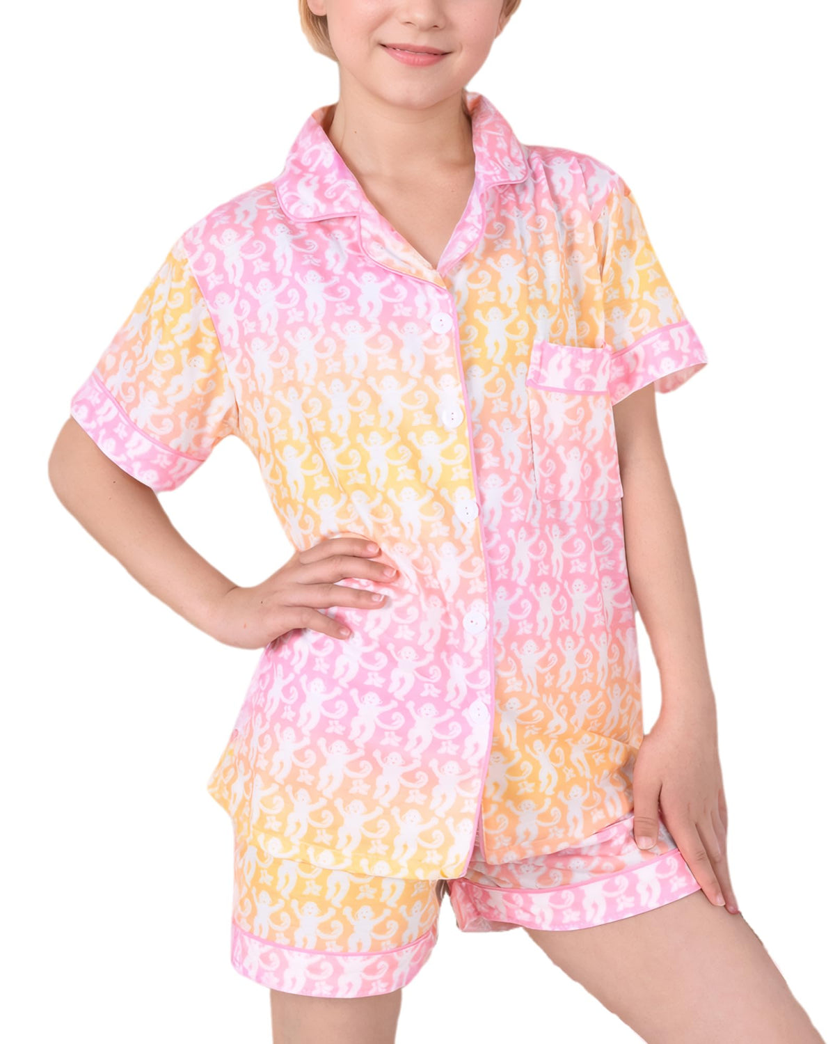 Girls Pajamas Sets, Kids Monkey Button Down Sleepover Loungewear