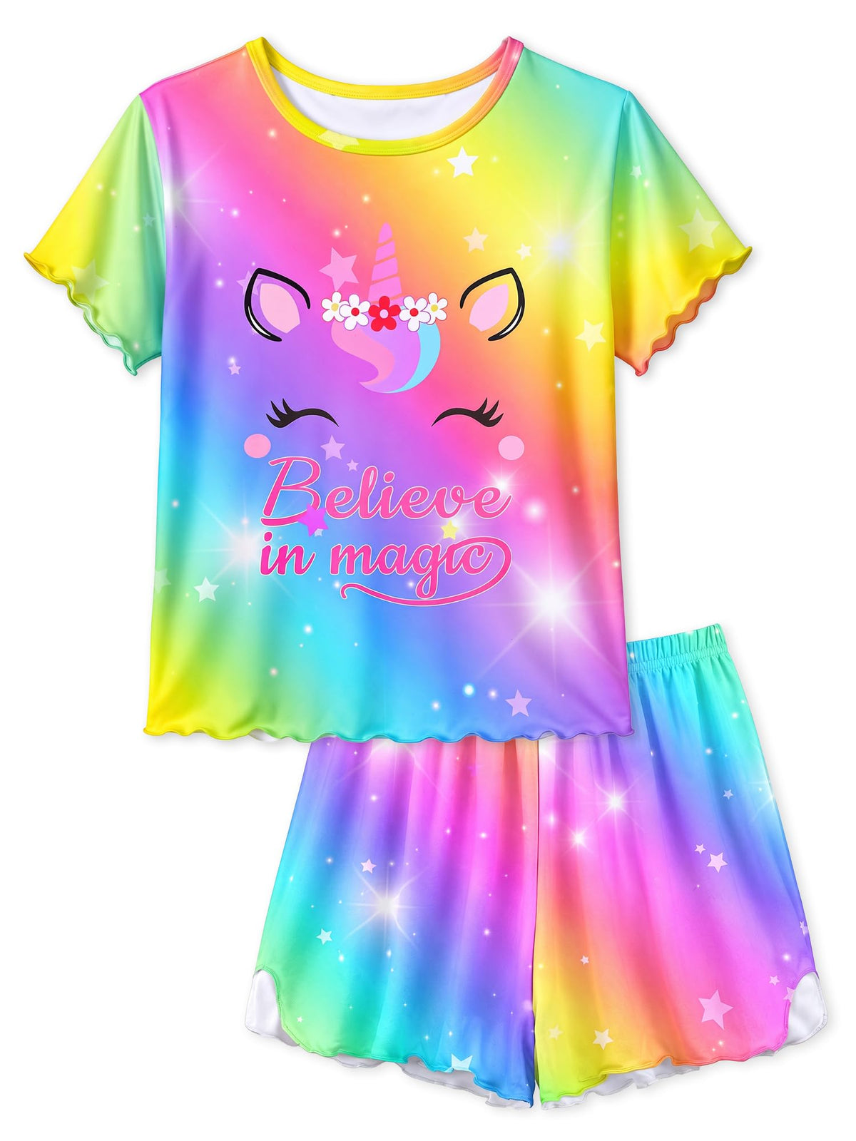 MHJY Girls Pajama Set 2 Piece Ruffled Short Sleeve Summer Sleepwear
