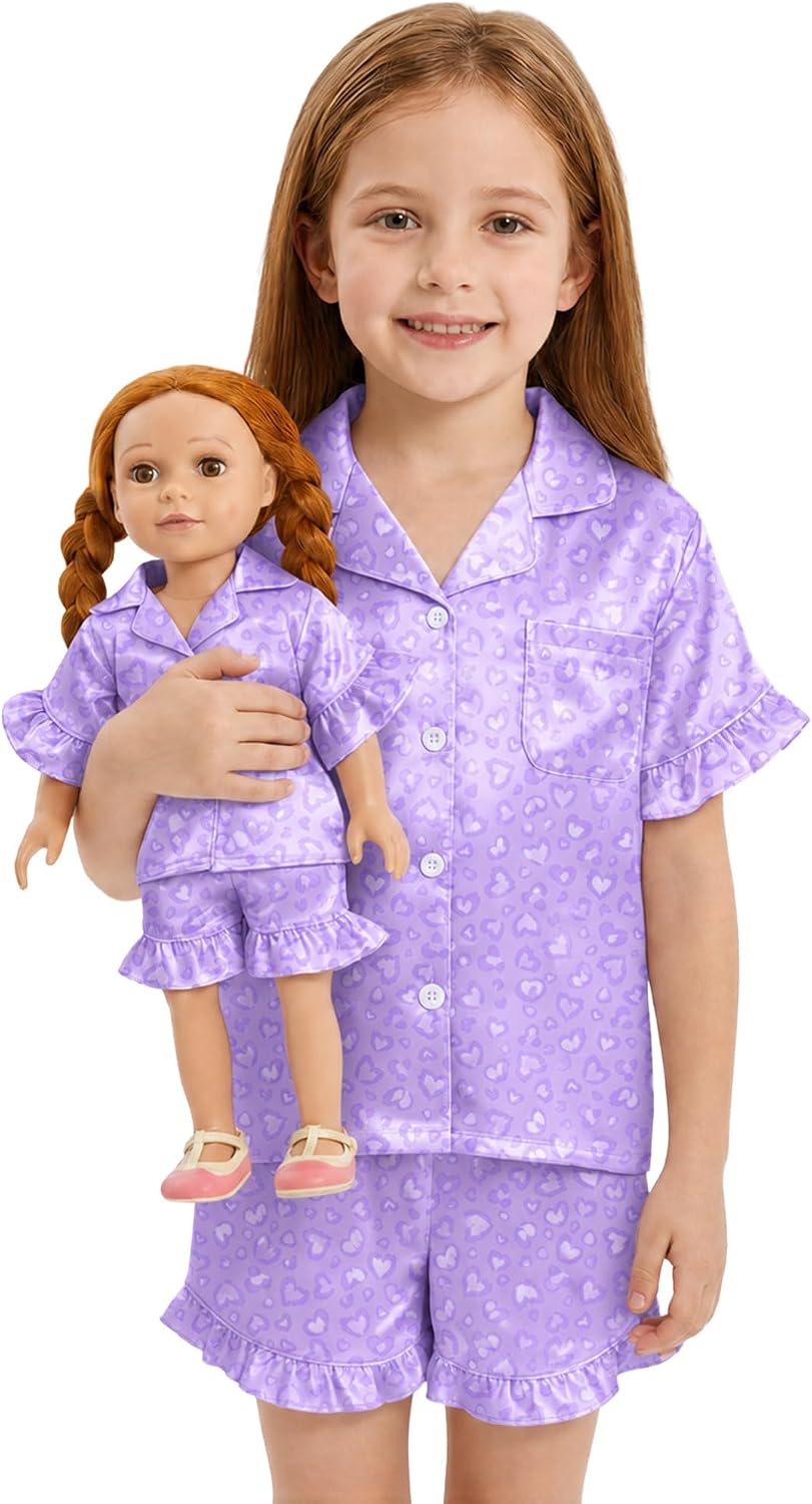 ICOSY Matching Doll and Girls Pajamas, Satin Pjs for 18" Doll and Kid 3-10Y
