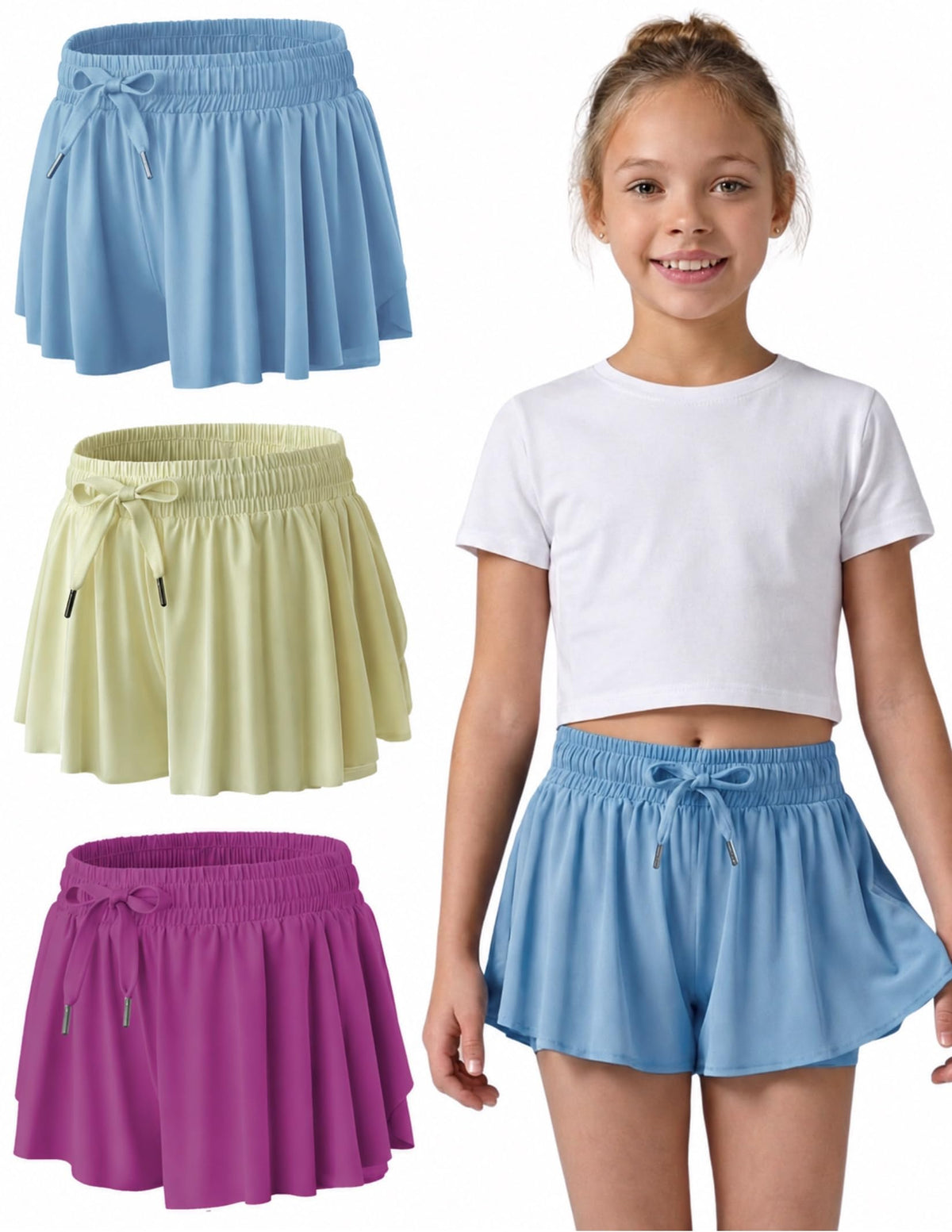 1 or 3 Pack Youth Girls Flowy Shorts with Spandex Liner & Pockets