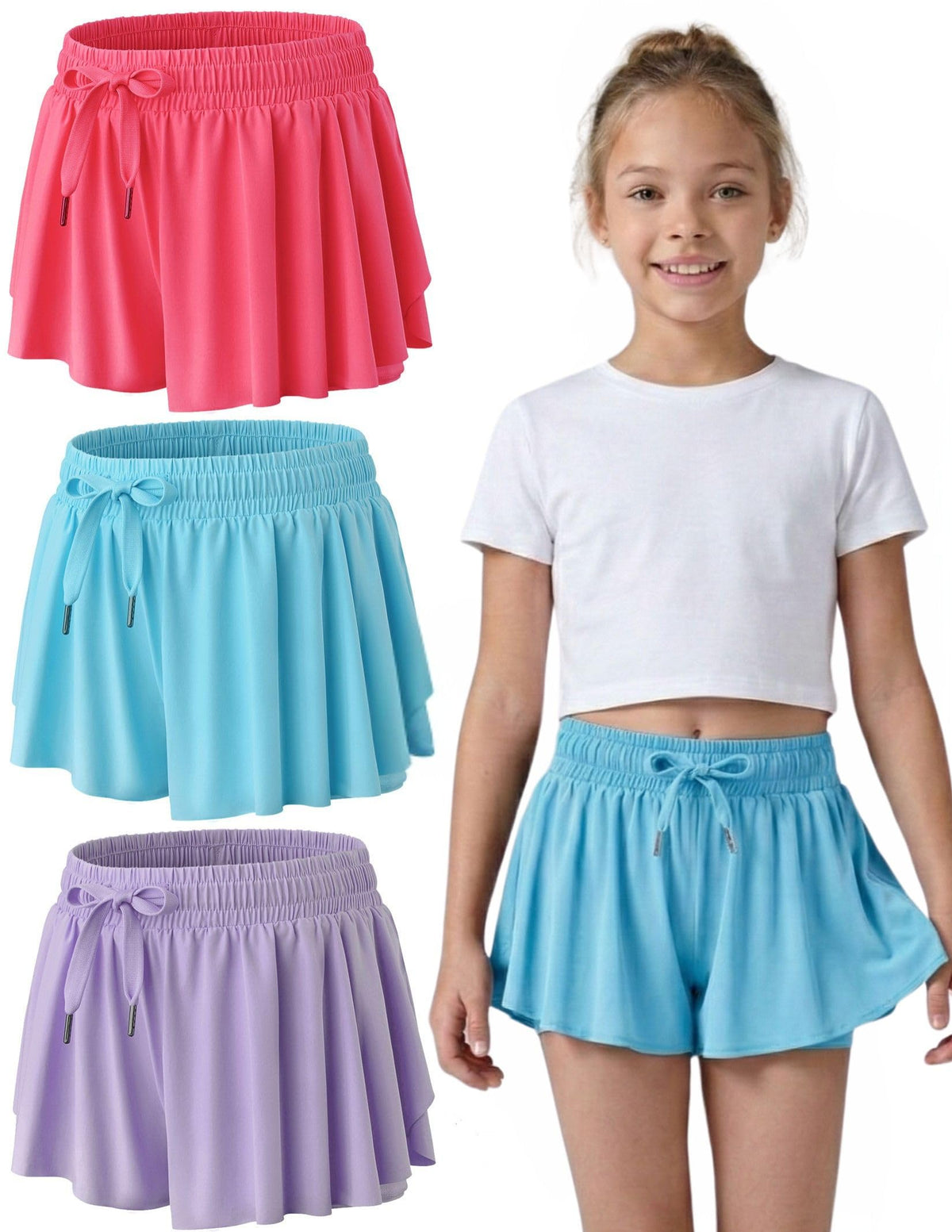 1 or 3 Pack Youth Girls Flowy Shorts with Spandex Liner & Pockets