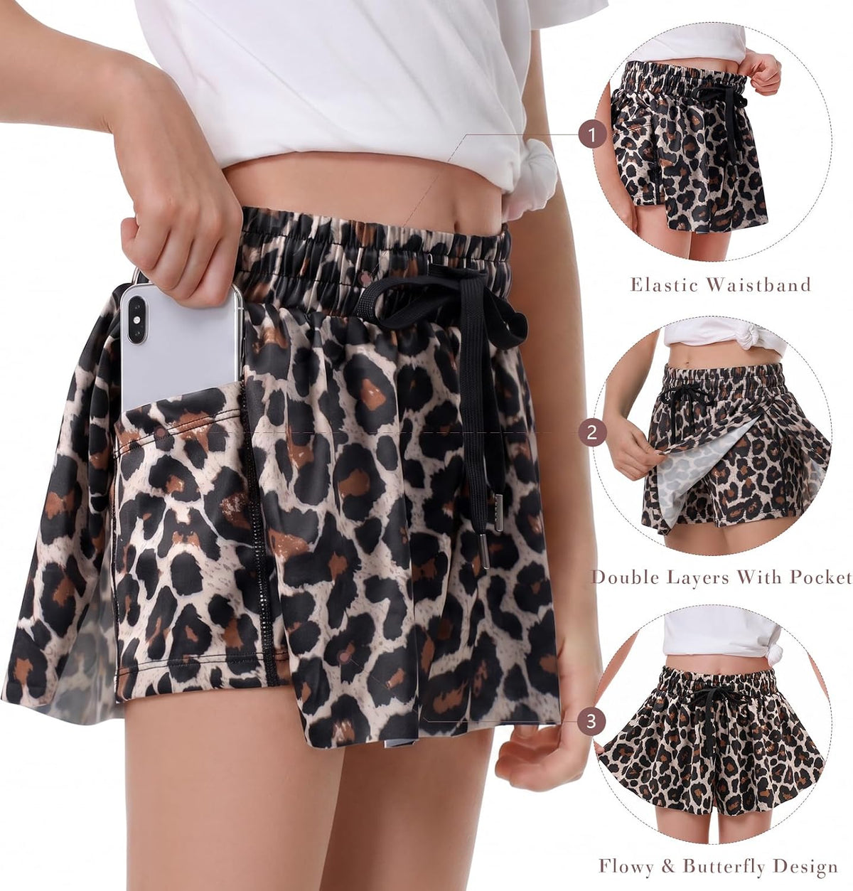 DOCUMO Girls Flowy Butterfly Shorts with Pockets 4-14Y