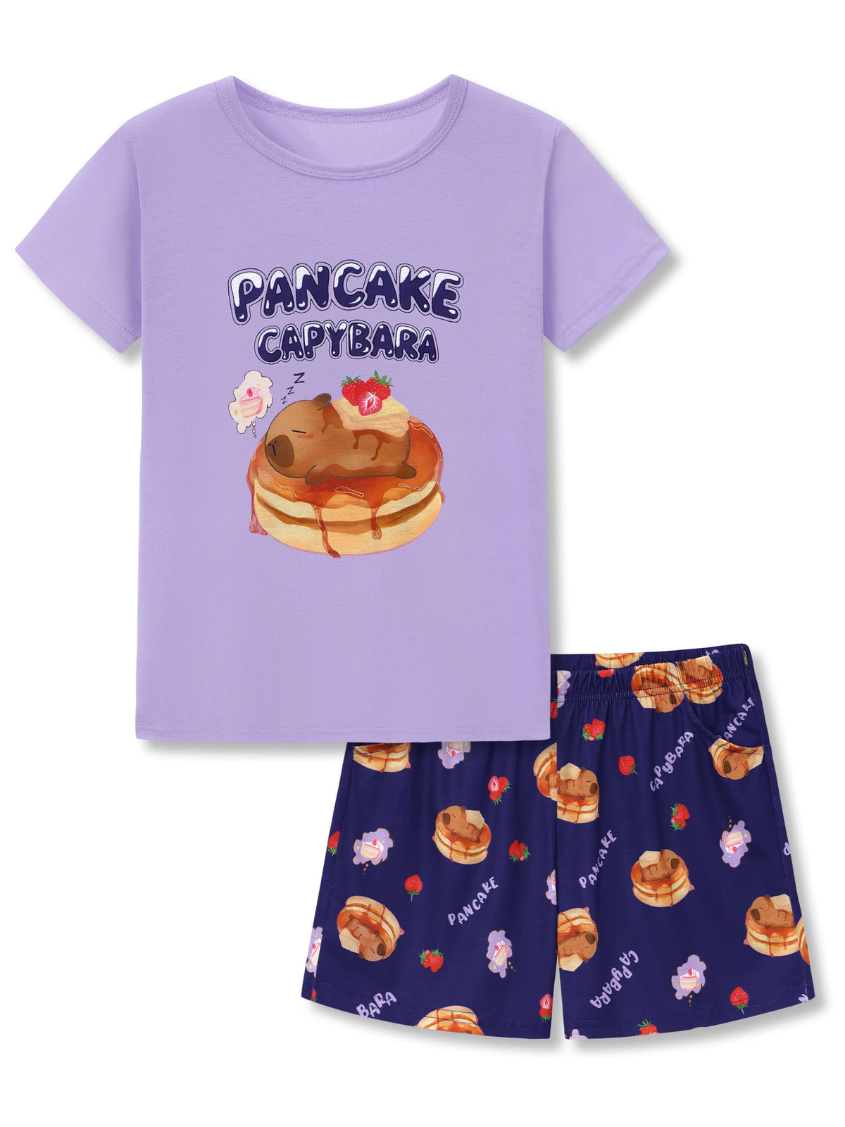 Beezizac Girls Pajamas Neon Tie Dye Spiral Capybara Smiling Face Print T-shirt & Shorts 2-Piece Soft PJ Set Size 6-18