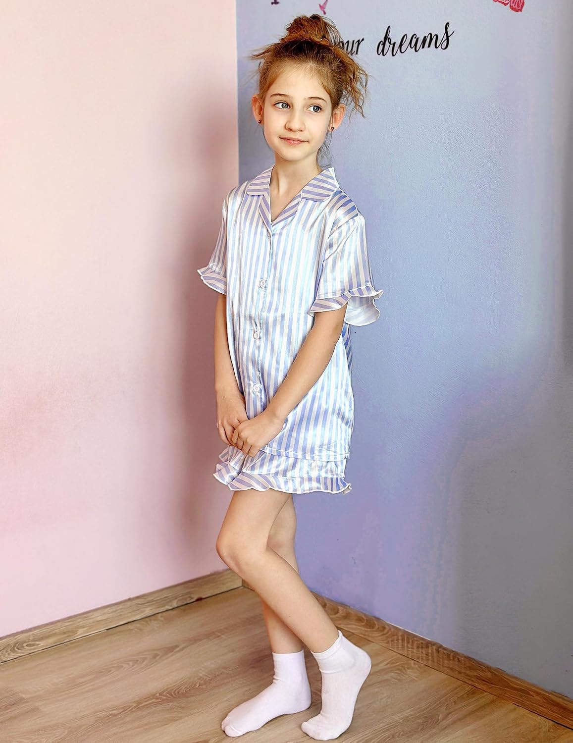 Arshiner Girls Pajamas Sets 3 Piece Satin Pjs Short Sleeve Silky Sleepwear