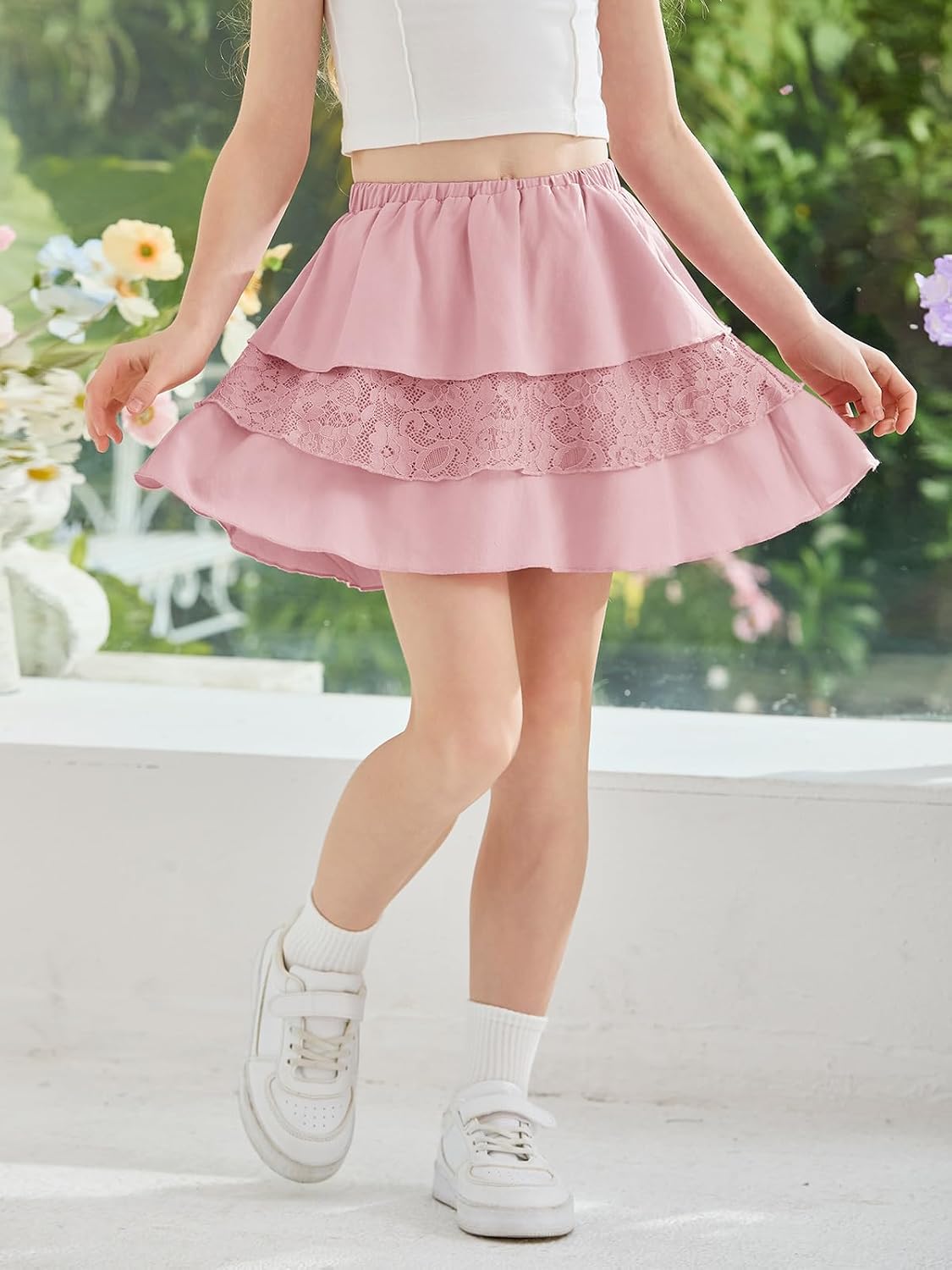 Haloumoning Girls Lace Ruffle Tiered Mini Skirt Kids High Waist Flowy Tennis Golf Skorts 5-14 Years