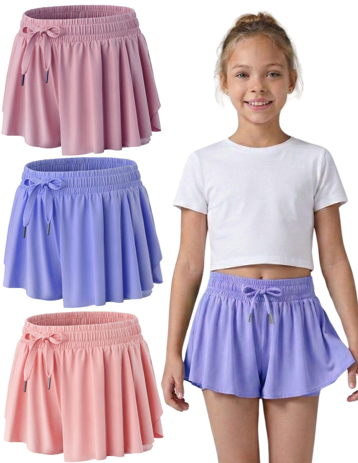 1 or 3 Pack Youth Girls Flowy Shorts with Spandex Liner & Pockets