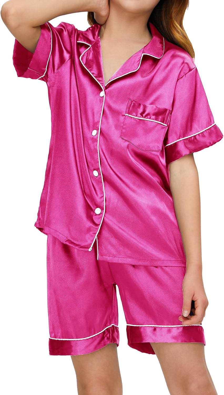 SEALINF Satin Girl Pajama Set Silk Pajamas for Girls With Eyemask 2 Pcs Button-up Sleepwear Kid Pjs Nightwear