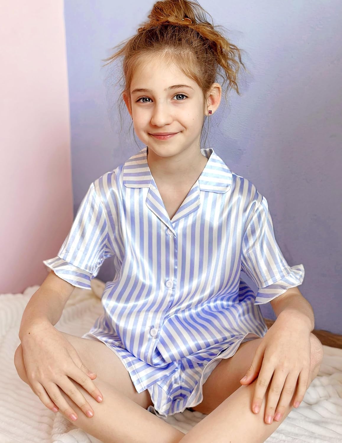 Arshiner Girls Pajamas Sets 3 Piece Satin Pjs Short Sleeve Silky Sleepwear