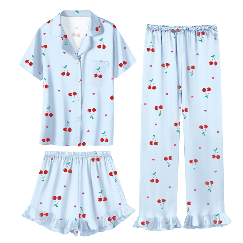Umeyda Girls 3 Pieces Pajamas Sets Silk Satin Ruffle Sleepwear Short Sleeve Button-Down 3Pjs Nightwear, 5-14 Years