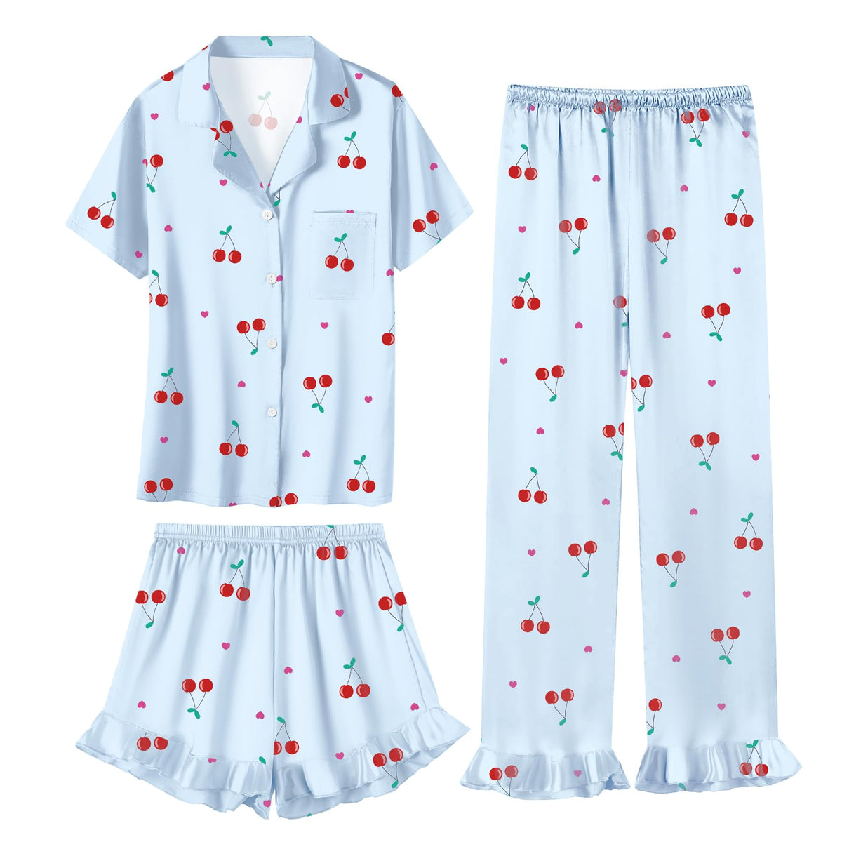 Umeyda Girls 3 Pieces Pajamas Sets Silk Satin Ruffle Sleepwear Short Sleeve Button-Down 3Pjs Nightwear, 5-14 Years