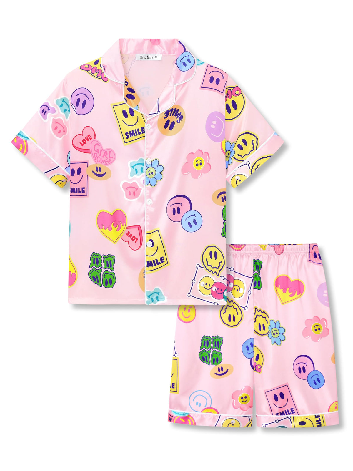 Beezizac Girls Pajamas Satin Silky Coat Style Short Sleeve Set Size 6-16
