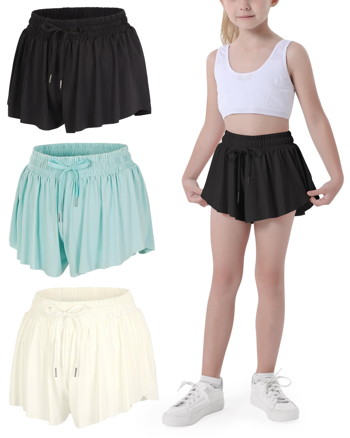 JOCMIC Girls Flowy Shorts, 2 in 1 Preppy Butterfly Shorts with Spandex Liner for Cheer Athletic Gym Teens Casual Clothes