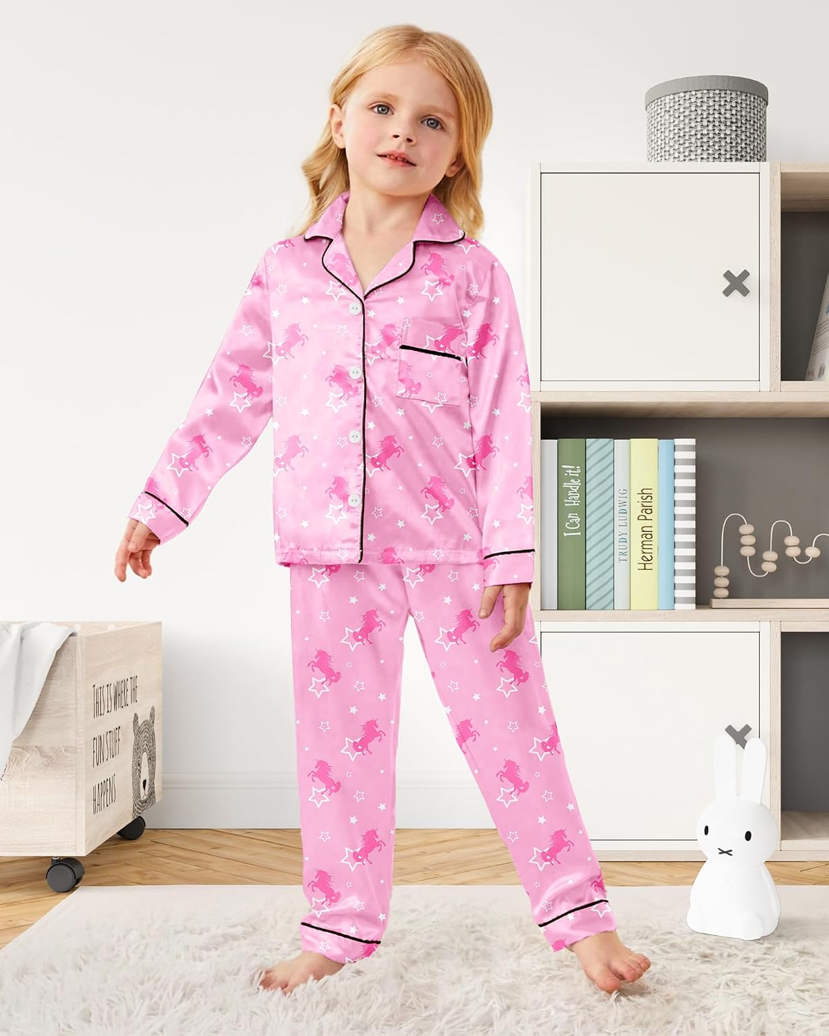 Sylfairy Satin Pajamas for Girls Silky Button-Down Sleepwear Unicorn Nightwear Loungewear PJS Clothes Set Gifts for Kids