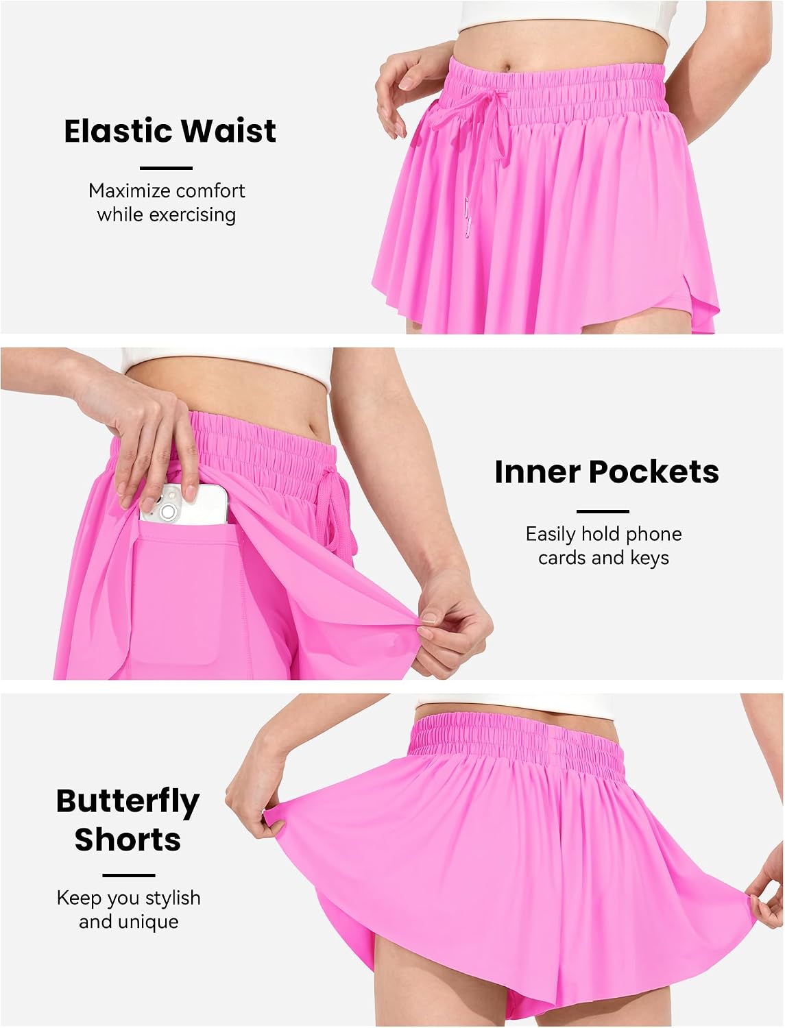 JOCMIC Girls Flowy Shorts, 2 in 1 Preppy Butterfly Shorts with Spandex Liner for Cheer Athletic Gym Teens Casual Clothes