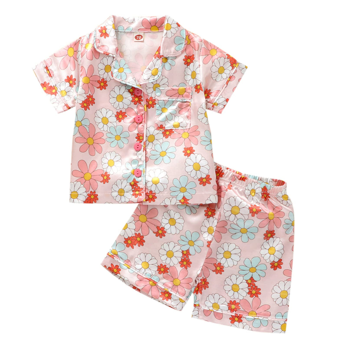 1-6Y Toddler Girls Floral Silk Pajamas Short Sleeve Button-Up Top Shorts Summer 2PC Flowers Satin Pajamas Set