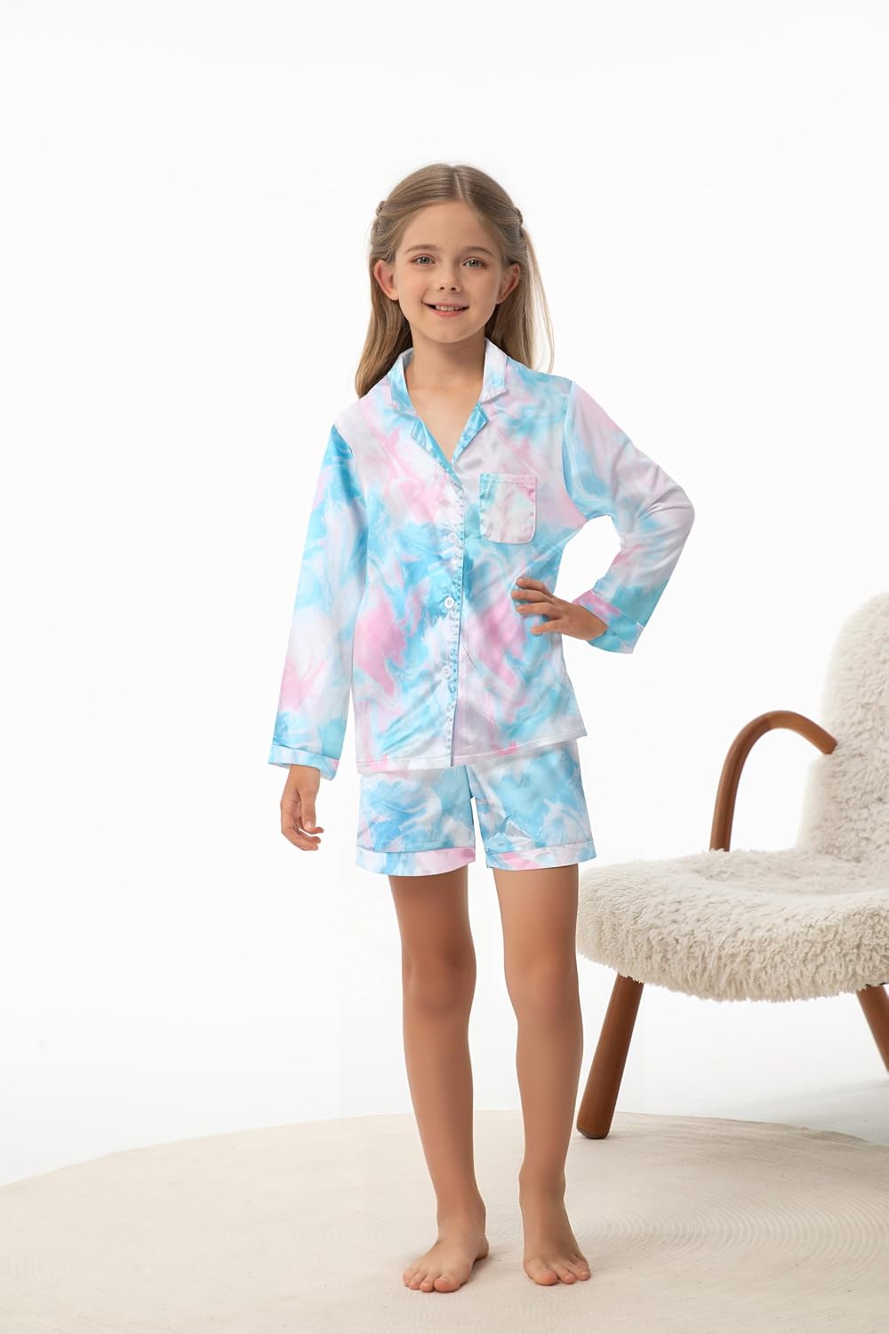 CARETOO Girls Pajamas 3 Piece Satin Long Sleeve Long Pants with Shorts PJs Set for Girls Kids Sleepwear 3-10 Years