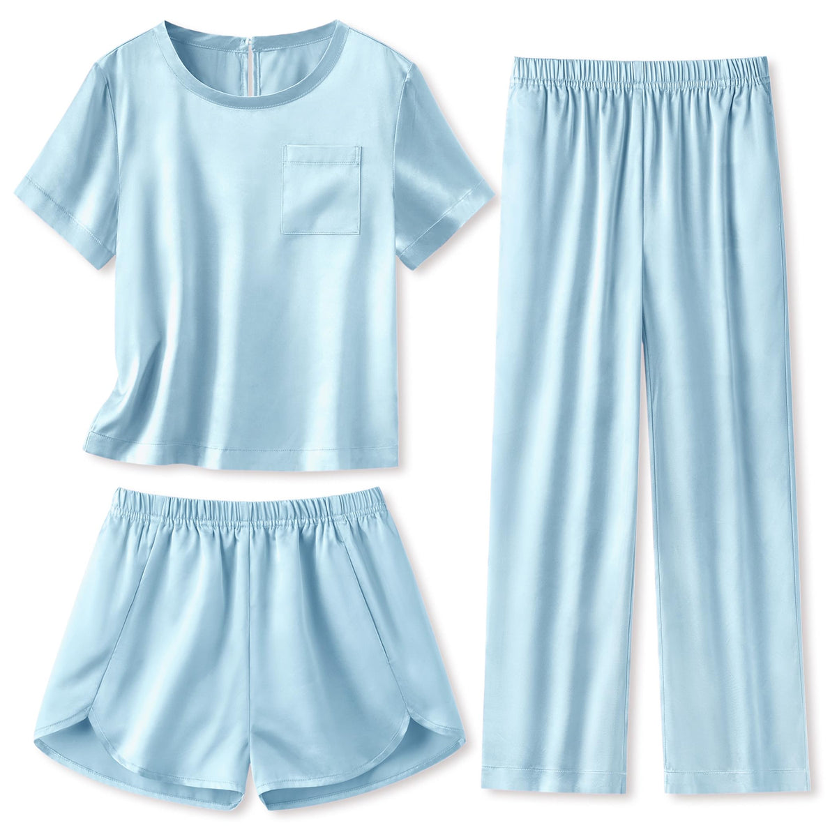 Arshiner Silky Girls Pajamas 3 Pcs Satin Short Sleeve Pjs Sleepwear Sets