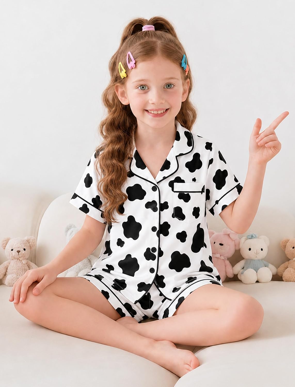 Mikrdoo Girls Pajamas Set Soft Silk Satin Pajamas 2 Piece Short Sleeve Sleepwear for Kids Size 4-16 Years