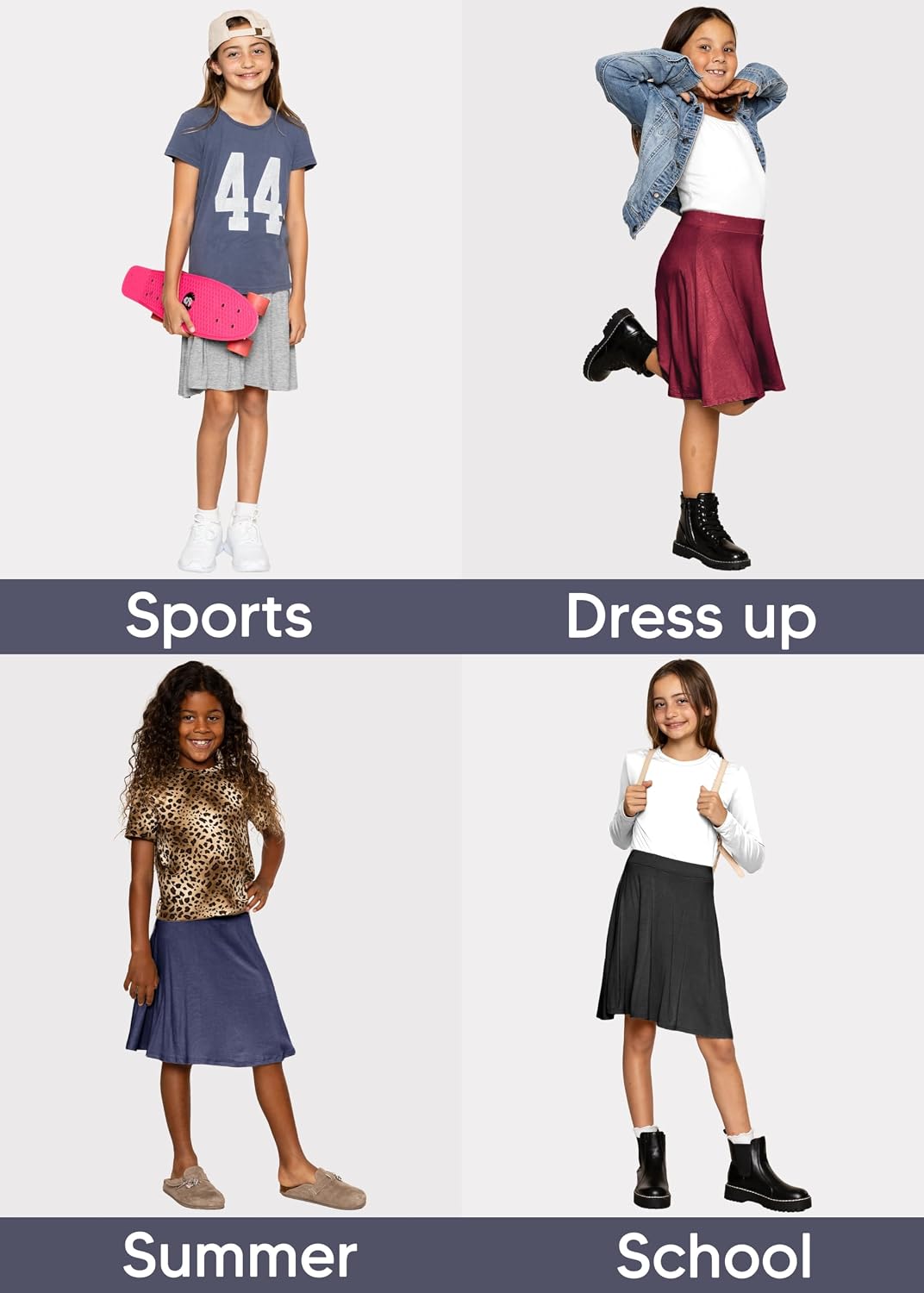 STRETCH IS COMFORT Girls Knee Length A-line Skirt with Built-in Shorts or Leggings
