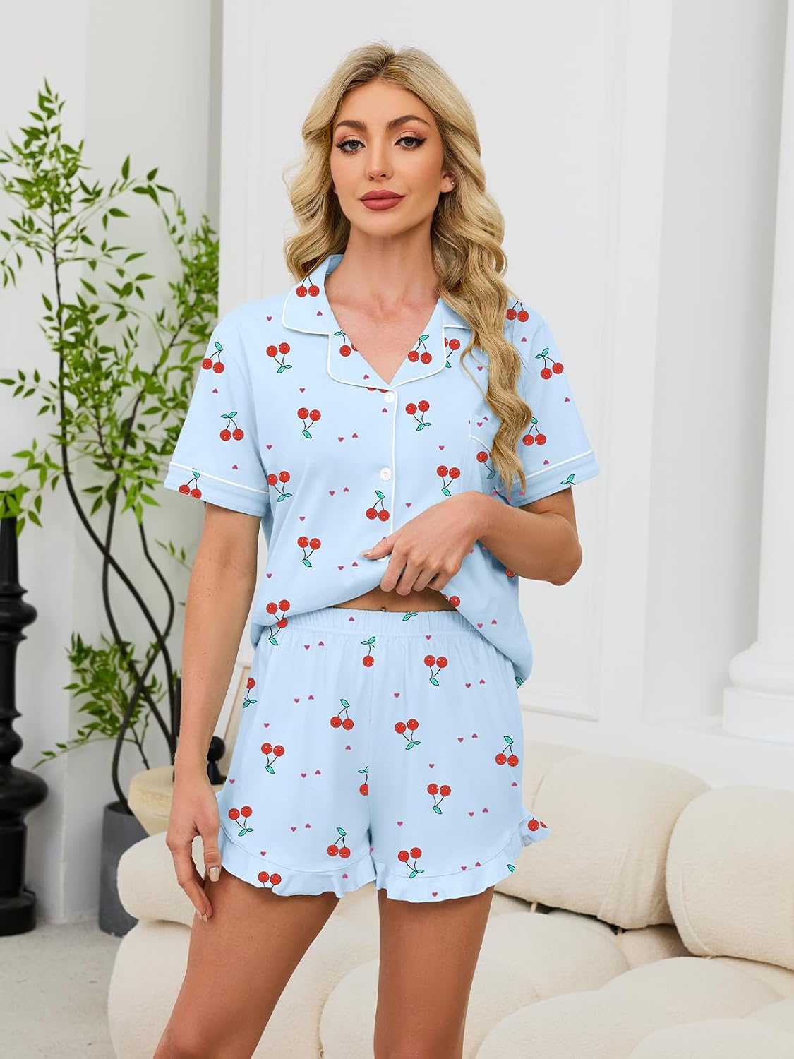 QZH.DUAO Girls & Women Pajama Sets Cotton Sleepwear Button Down Short Sleeve With Ruffle Shorts PJS 5 Years-Large