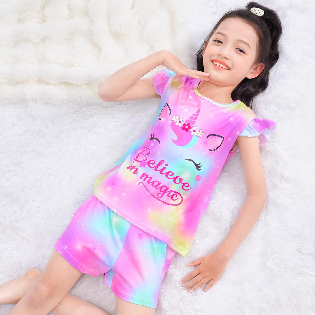 MHJY Girls 2-Piece Pajama Set Flutter Sleeve Breathable Sleepwear for Kids