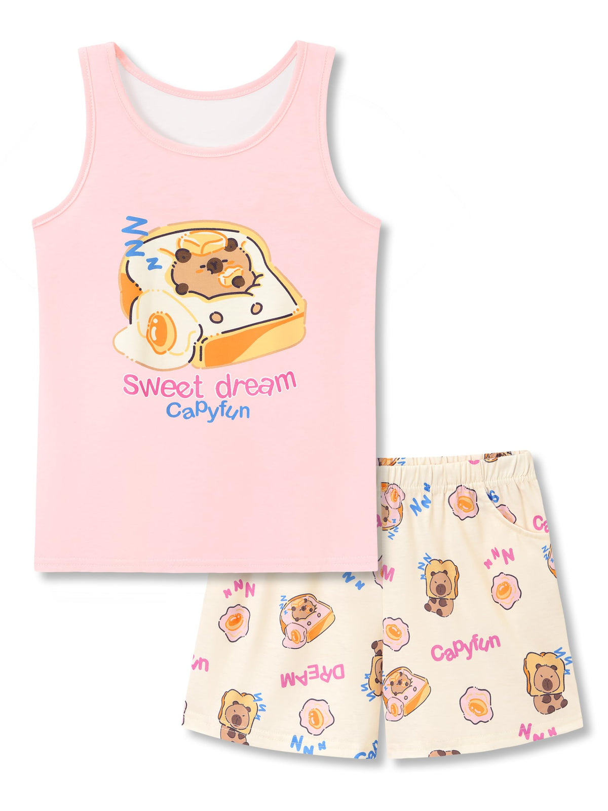 Beezizac Girls Pajamas Neon Tie Dye Spiral Capybara Smiling Face Print T-shirt & Shorts 2-Piece Soft PJ Set Size 6-18
