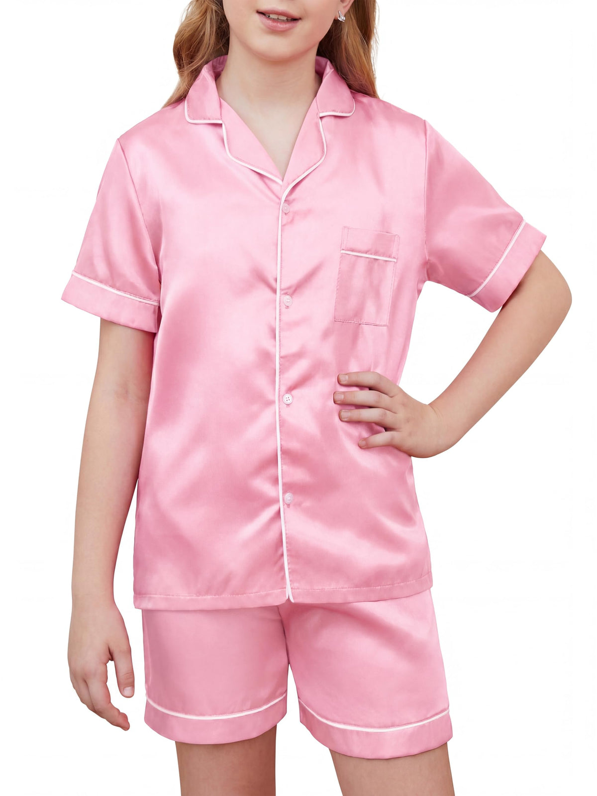 IHU Girls Pajamas Silk Satin PJs Boys Button Down Short Sleeve Shorts Set