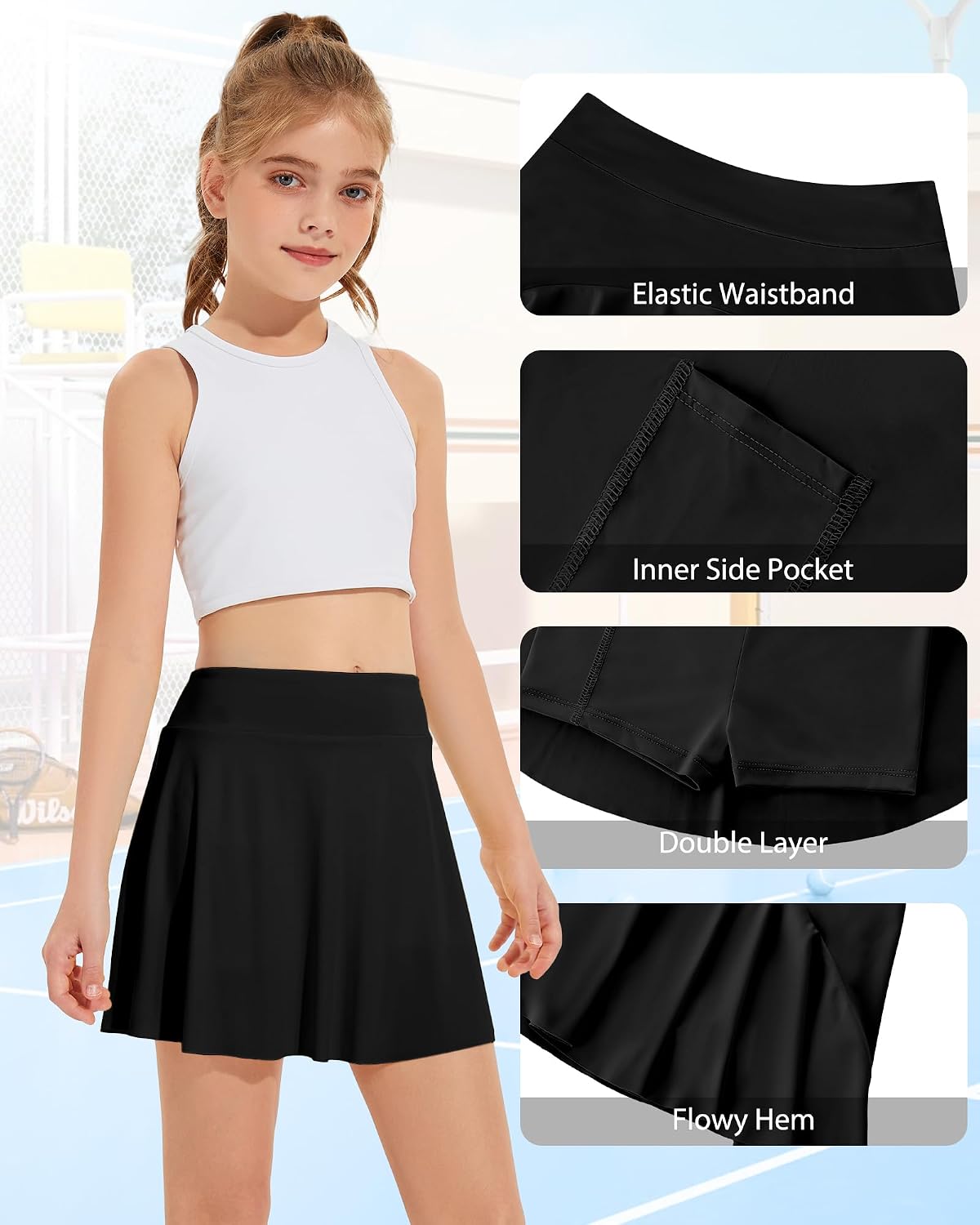 Girls Tennis Skirts, Casual Cute Kids Girls Athletic Skorts with Pocket Liner, Workout Sports Running Shorts, 5-14Y