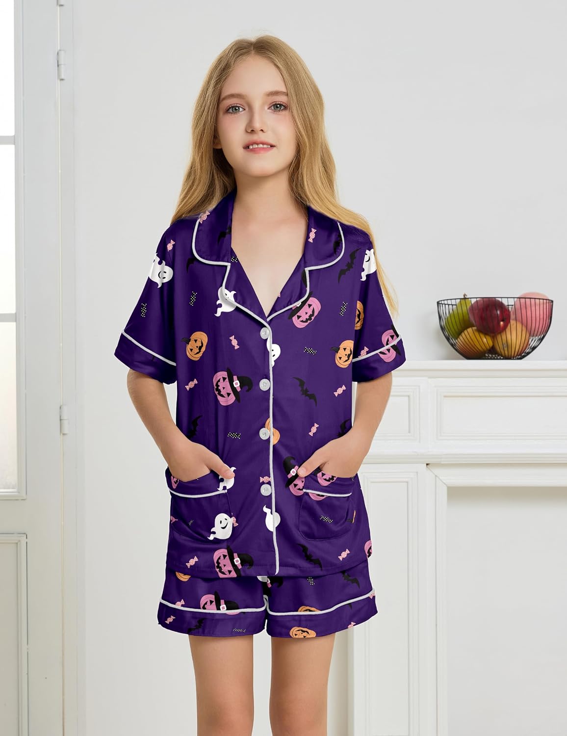 Hupohoi Big Girls 3pcs Button Down Pajama Sets Top with 2 Pockets Sleepwear