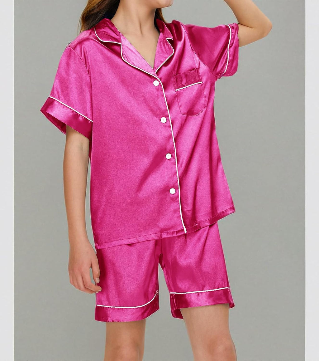SEALINF Satin Girl Pajama Set Silk Pajamas for Girls With Eyemask 2 Pcs Button-up Sleepwear Kid Pjs Nightwear