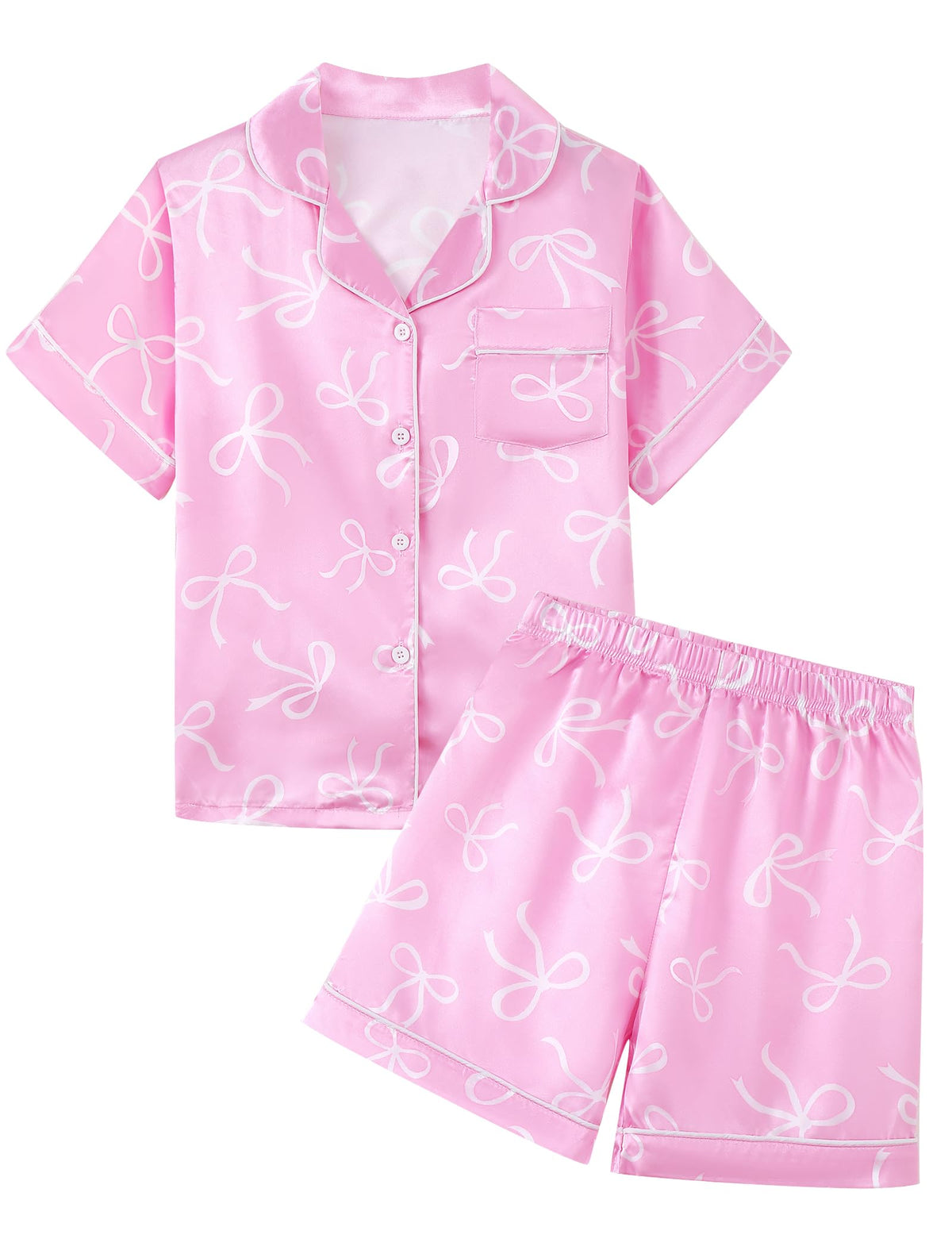 Mikrdoo Girls Pajamas Set Soft Silk Satin Pajamas 2 Piece Short Sleeve Sleepwear for Kids Size 4-16 Years