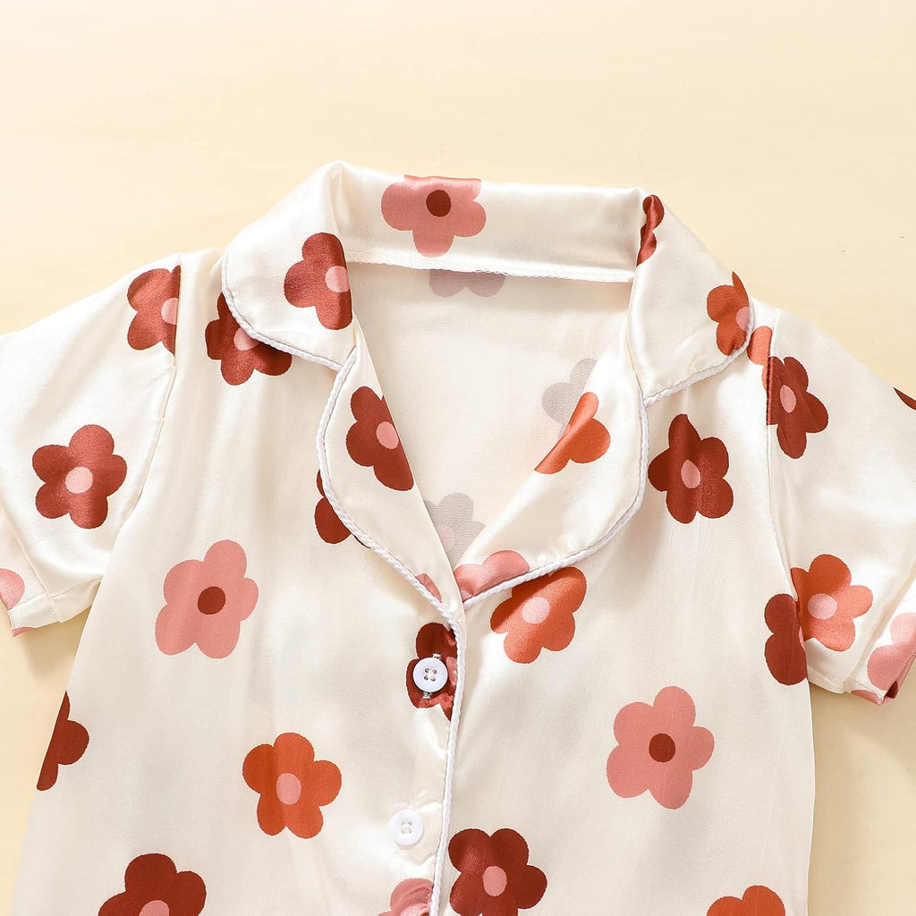 1-6Y Toddler Girls Floral Silk Pajamas Short Sleeve Button-Up Top Shorts Summer 2PC Flowers Satin Pajamas Set