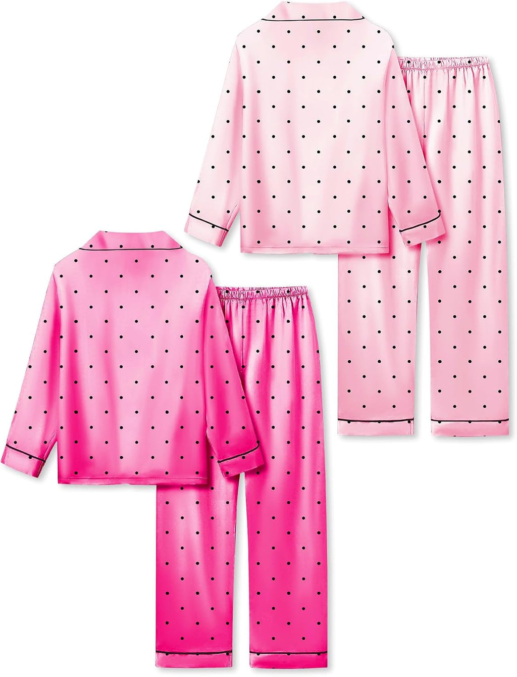 Satin Pajamas for Girls, 4-Piece Long Sleeve Silky Button Down PJ Set