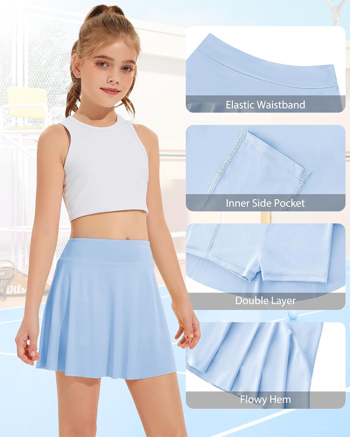 Girls Tennis Skirts, Casual Cute Kids Girls Athletic Skorts with Pocket Liner, Workout Sports Running Shorts, 5-14Y