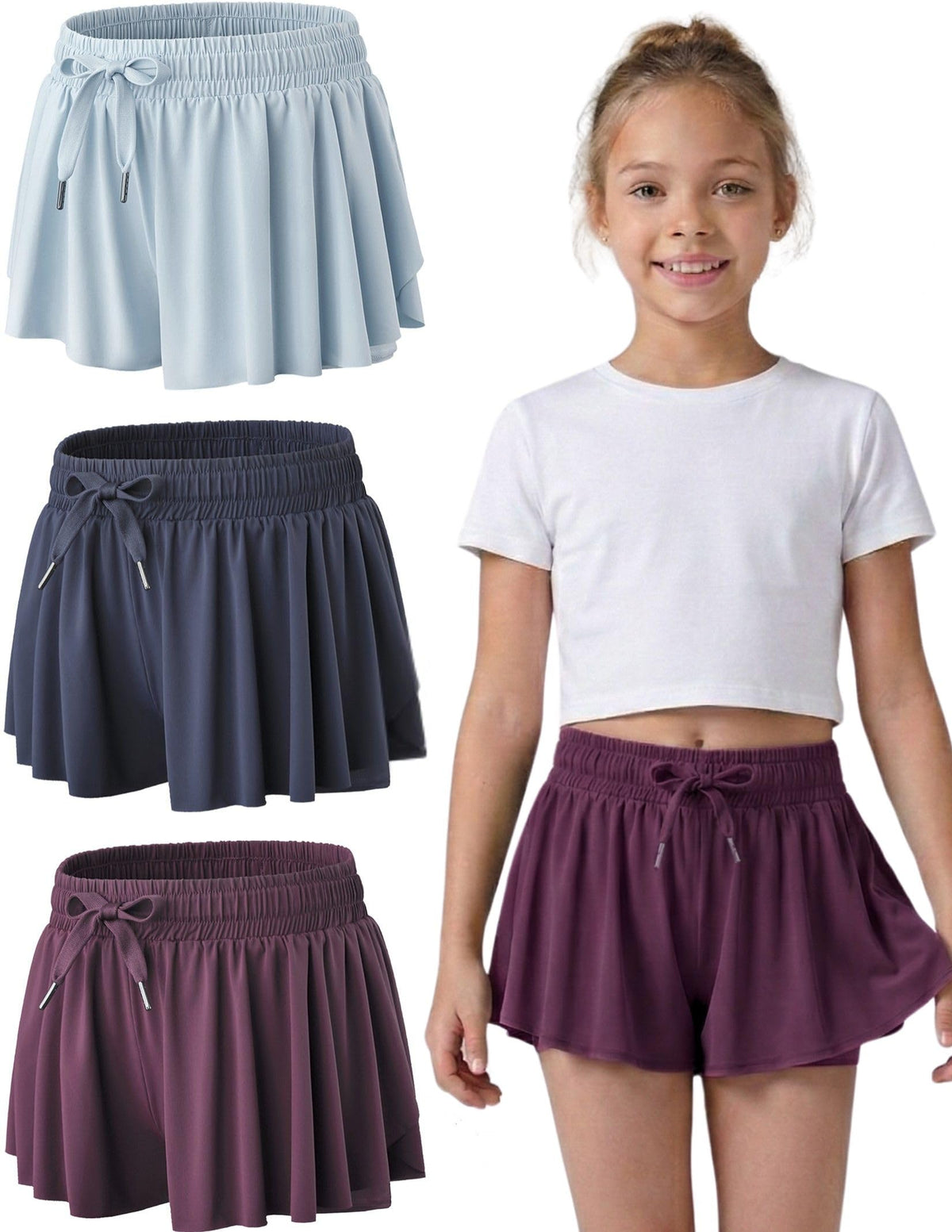 1 or 3 Pack Youth Girls Flowy Shorts with Spandex Liner & Pockets