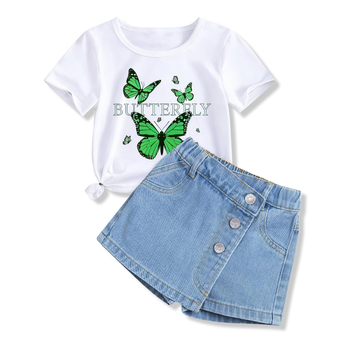 Girls Clothes 2PCS Butterfly Print Short Sleeve T-Shirt Denim Skirt Shorts Set Teen Tween Girls Summer Outfits Set